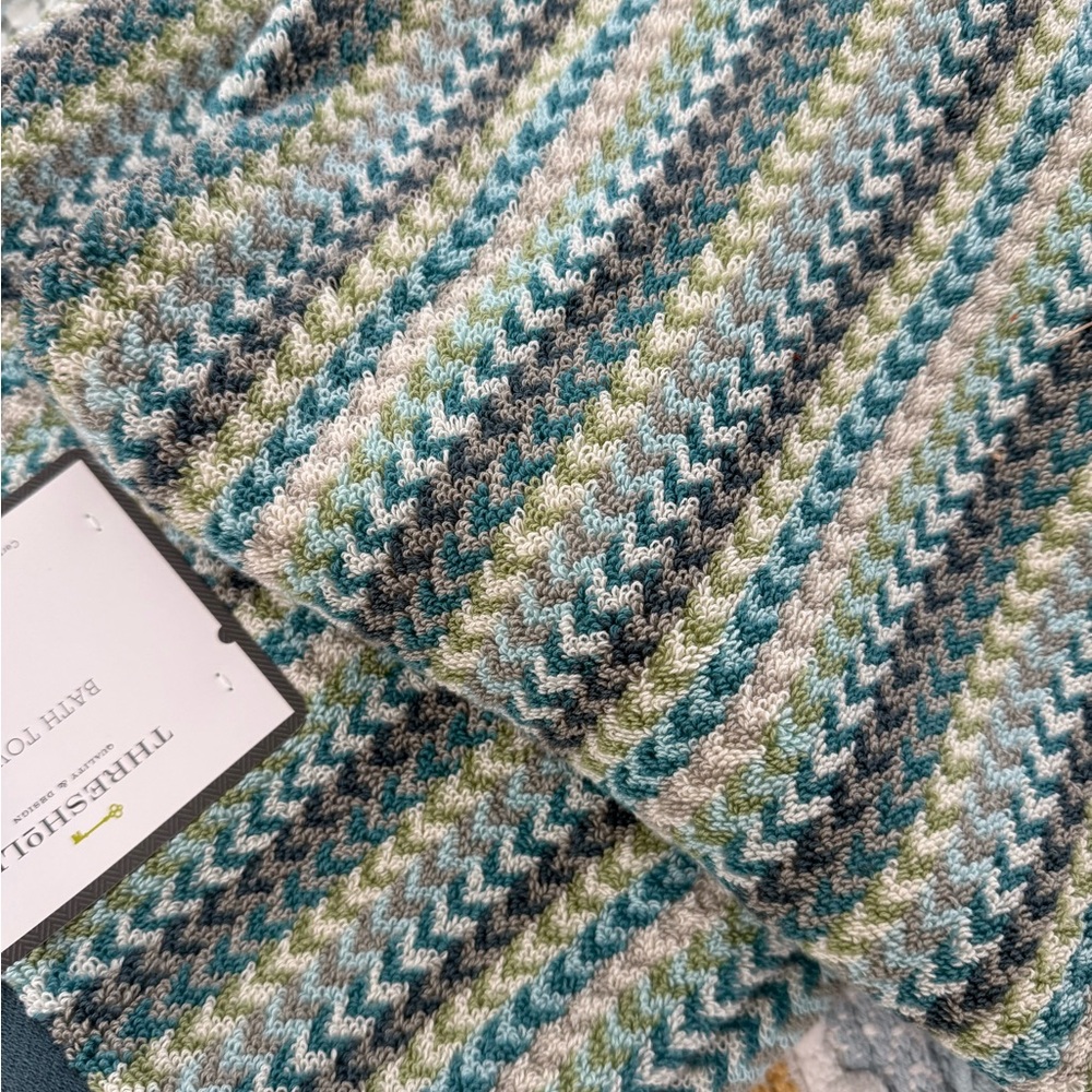 NEW Threshold large bath towel blue green yellow zig zag stripe beach theme